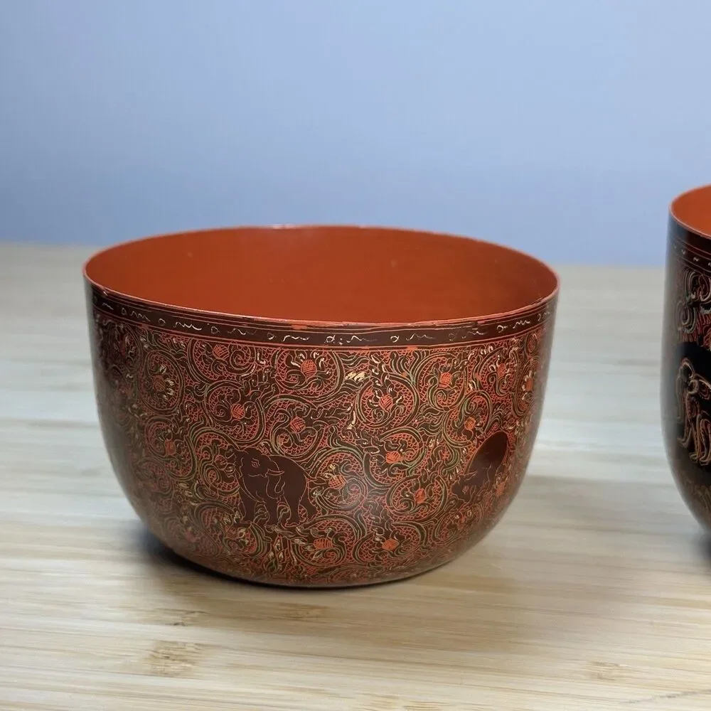 Vintage Burmese Lacquerware Bowls Cups 3- Pieces Burma Horsehair Bamboo Handmade